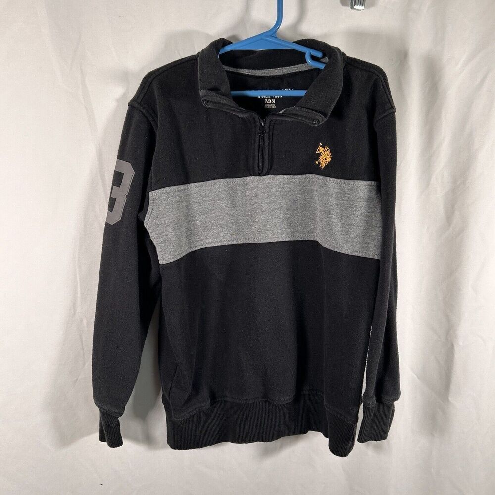 US Polo Assn Sweater Boy Medium 8 Black Grey Striped 1/4 Zip Long Sleeve Pullove